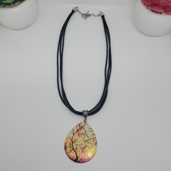 3 Strand Distressed Leather Necklace with Fall Scene Pendant - Picture 4 of 6